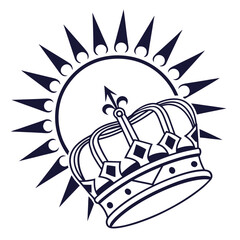 Stylized Crown and Sunburst Emblem with Dark Blue Outline royal regal