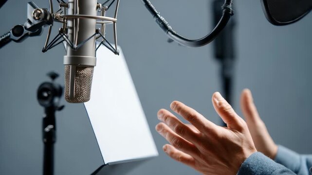 Close up of a voice artist performing in a soundproof studio, using advanced recording equipment. The scene captures expressive hand movements and a focus on vocal performance
