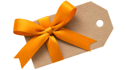 A single blank brown paper gift tag tied with a bright orange satin ribbon bow isolated on transparent background