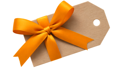 A single blank brown paper gift tag tied with a bright orange satin ribbon bow isolated on transparent background