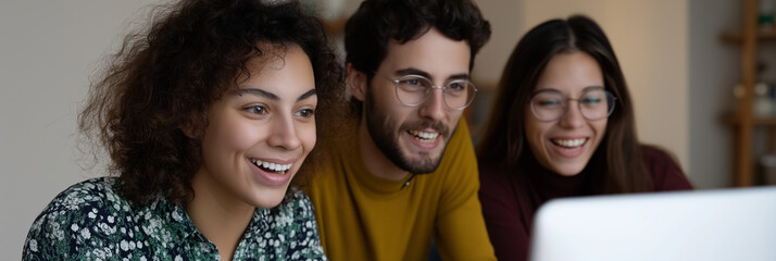 Three friends sharing a joyful moment while gathered around a laptop, exuding happiness and camaraderie in a warm and welcoming environment.