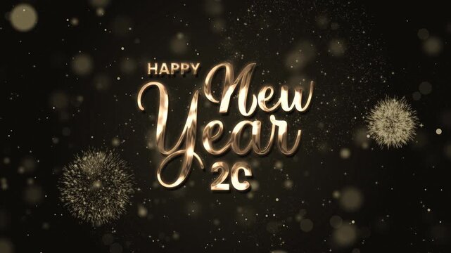 Happy new year 2026 celebration with gold text sparkles and fireworks, ideal for social media posts, greeting cards, and festive designs. happy new year 2026 lettering animation with vertical video