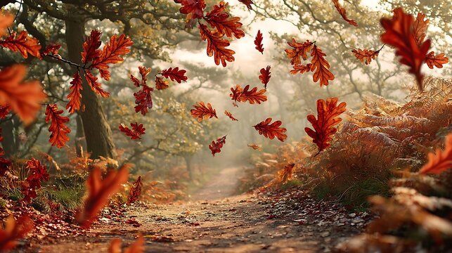 Vibrant autumn leaves falling on a serene forest path in nature