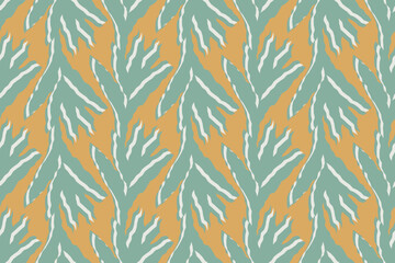 Mid-Century Modern Seaweed Pattern in Teal, Orange, and White. botanical seamless abstract pattern. abstract coral. cut-paper feel. ideal for bold interior design, fashion accessories, resort wear