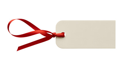 A plain rectangular paper tag with rounded corners and a bright red satin ribbon tied through the hole isolated on transparent background