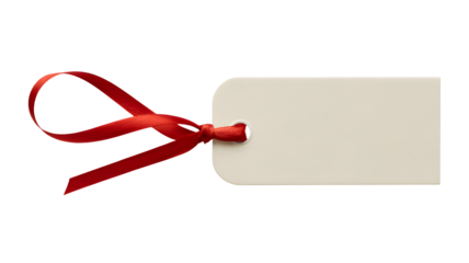 A plain rectangular paper tag with rounded corners and a bright red satin ribbon tied through the hole isolated on transparent background