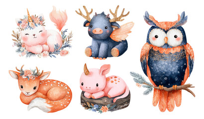 Fototapeta premium Adorable Watercolor Animals with Floral Accents on Transparent Background