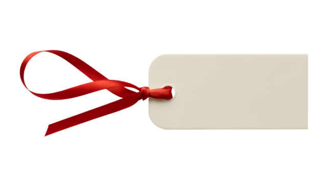 A plain rectangular paper tag with rounded corners and a bright red satin ribbon tied through the hole isolated on transparent background
