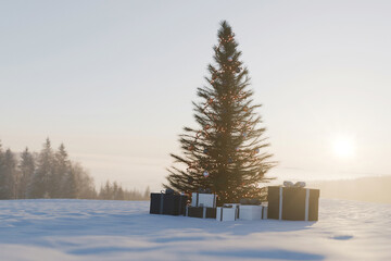 beautiful Christmas tree with colorful ornaments and gifts stands in a peaceful, sunlit winter landscape. Ideal for holiday greetings and celebrations