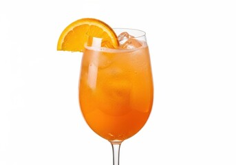 Tall glass of orange cocktail with orange slice isolated on white background
