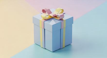 Obraz premium Isometric 3D rendering of a charming blue gift box with a colorful bow, symbolizing a surprise on a soft geometric pastel background