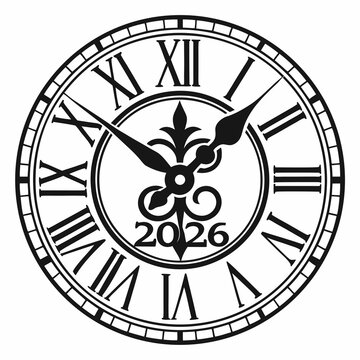 Vintage Clock Face with Roman Numerals and Year 2026 outline