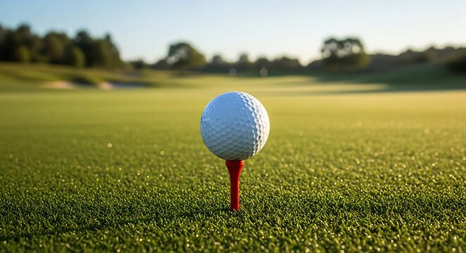A golf ball on a red tee sitting on green grass with trees and a sand trap in the background