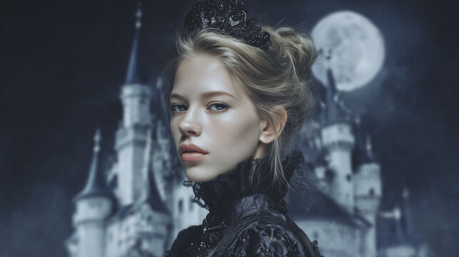A woman wearing a black dress stands against a fantasy-like backdrop featuring a castle and a large moon. The woman has styled blonde hair and a black accessory in her hair. This setting emphasizes