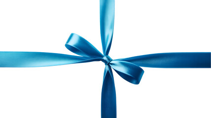 Close up of a bright blue satin ribbon tied in a perfect bow for gift wrapping isolated on transparent background