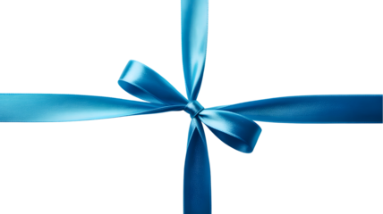 Close up of a bright blue satin ribbon tied in a perfect bow for gift wrapping isolated on transparent background