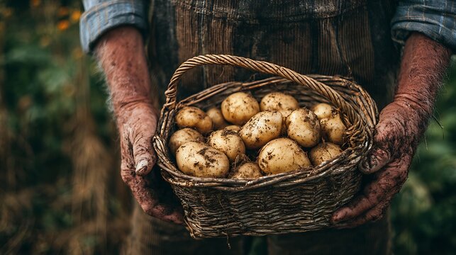 Farmer holding freshly dug dirty potatoes in a rustic basket - Powered by Adobe