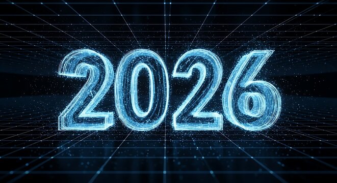 Digital glowing numbers 2026 with an abstract blue futuristic grid background creating a cutting-edge technology concept