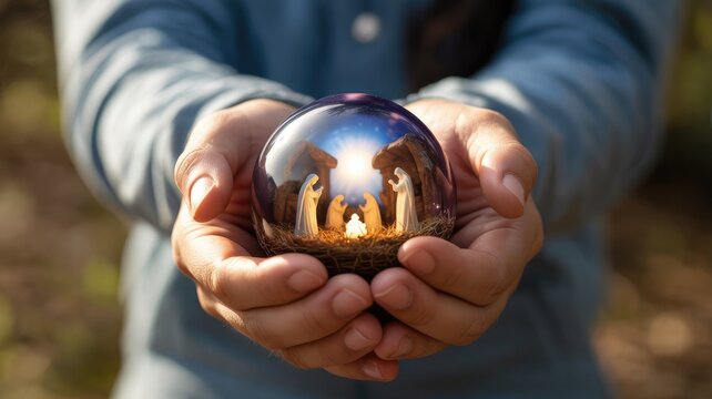 A person gently holds a glass sphere containing a radiant nativity scene with Mary, Joseph, and baby Jesus, symbolizing hope and peace.