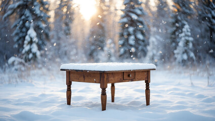 Snow covered wooden table in a winter forest with sunlight