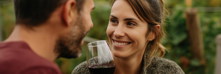A happy couple shares a romantic moment over a glass of red wine amidst a picturesque vineyard, capturing the essence of love, nature, and togetherness.