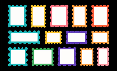 Color squiggle frames set. Zigzag wavy edges, retro scallop frames, psychedelic rectangles, photo frames, text boxes, tags, labels. Vector groovy shapes.