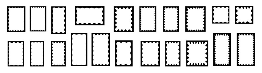 Black outline wavy zigzag rectangle frames set on transparent background