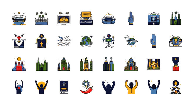 A versatile collection of flat outline icons, depicting various concepts like awards, architecture, technology, and human interaction for digital design.