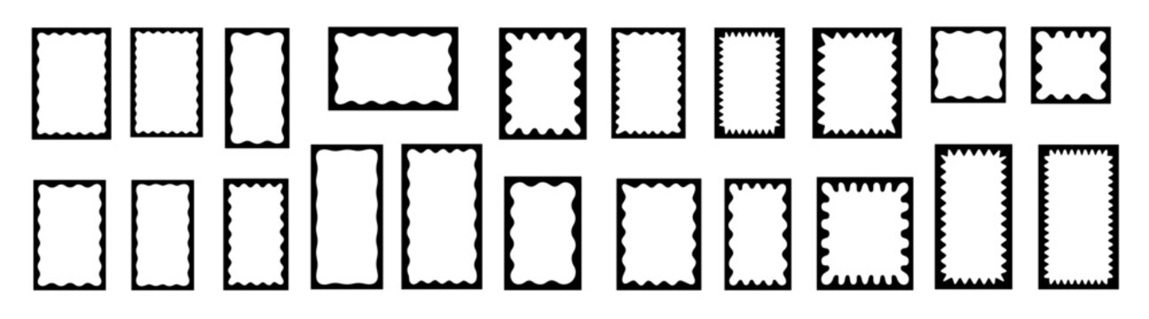 Black outline wavy zigzag rectangle frames set on transparent background