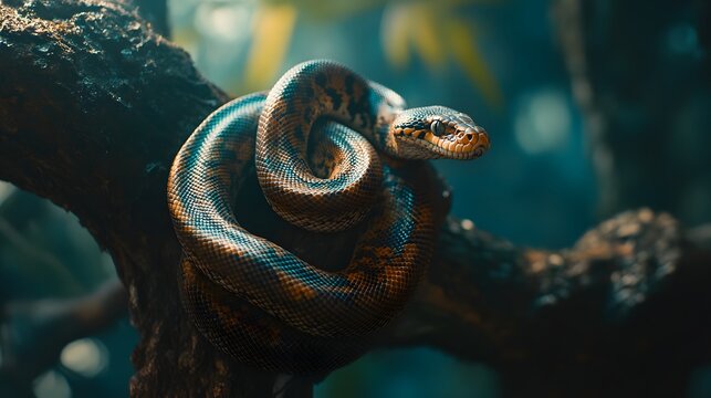 Snake coiled on a tree branch with blurred green and blue Photo background