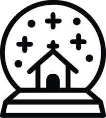 Simple icon of a snow globe with a church inside and sparkles