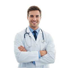 Fototapeta premium Smiling male physician wearing a white lab coat and stethoscope with arms crossed isolated on transparent background