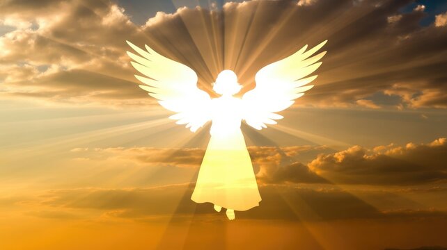 A radiant angel silhouette with outstretched wings against a stunning golden sky, emanating divine light rays and serenity.