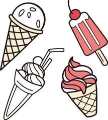 Sweet Dessert Icons Collection – Ice Cream Cone, Popsicle, Sundae, and Soft Serve Vector Illustration