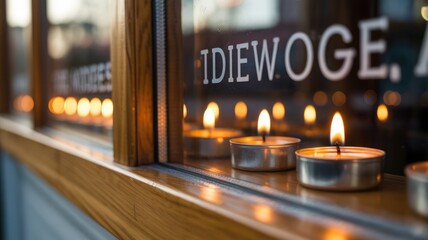 Lit tea light candles on a wooden window sill cast a warm, comforting glow, reflecting light and creating a serene, cozy atmosphere inside.