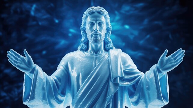 A luminous, translucent blue statue of Jesus Christ with outstretched arms against a shimmering dark blue background, evoking divine presence. - Powered by Adobe