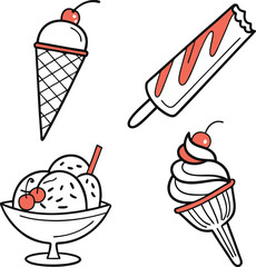 Sweet Dessert Icons Collection – Ice Cream Cone, Popsicle, Sundae, and Soft Serve Vector Illustration