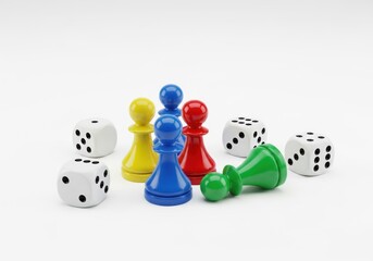Colorful game pawns and dice isolated on off white background