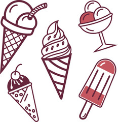 Sweet Dessert Icons Collection – Ice Cream Cone, Popsicle, Sundae, and Soft Serve Vector Illustration