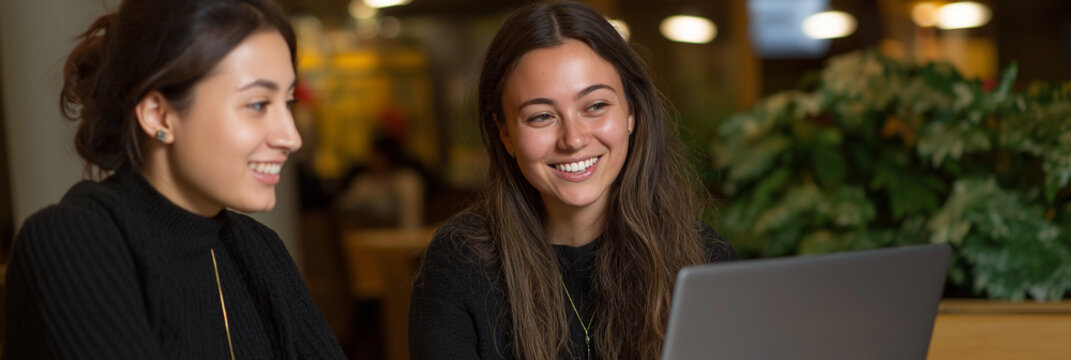 Two friends share a joyful moment while looking at a laptop screen, highlighting their camaraderie and lighthearted connection in a lively and engaging social setting.