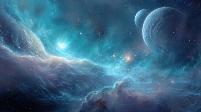 This artwork showcases a colorful cosmic scene with swirling clouds and three distinct planets. The background is illuminated by stars, creating a mesmerizing atmosphere of the universe.
