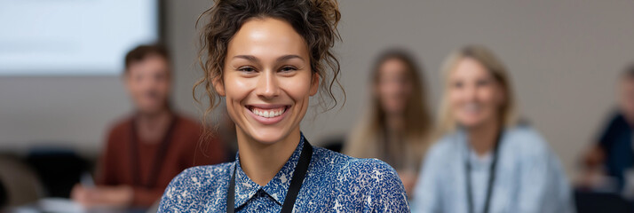 A cheerful woman stands out in a seminar setting, smiling confidently at the camera while an engaged audience participates in the learning experience behind her.