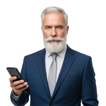 Distinguished mature gentleman in a sharp suit holding a modern smartphone with a white beard isolated on transparent background