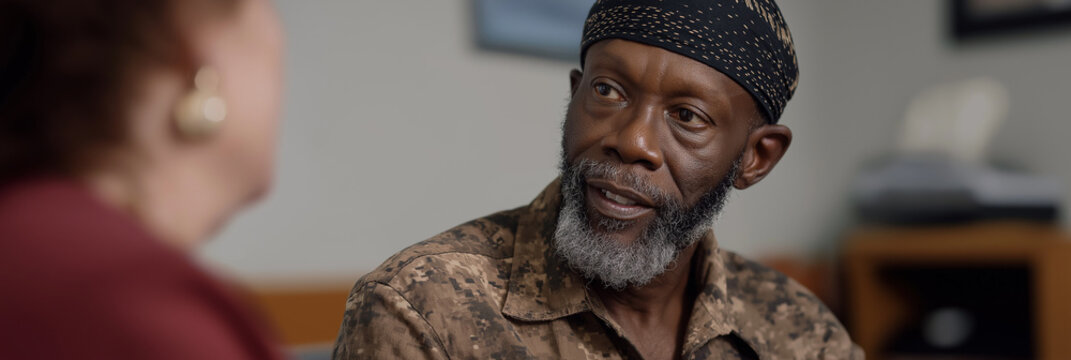 A thoughtful man engaged in a genuine conversation with a woman, showcasing a connection that speaks to trust and understanding in a bright, inviting space.