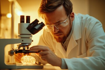 A focused male scientist in safety glasses and lab coat meticulously examines a sample under a microscope in a warm-lit laboratory.