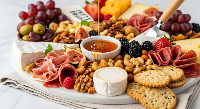 A gourmet platter featuring cheese, fruits, nuts, crackers, and honey being poured into a bowl