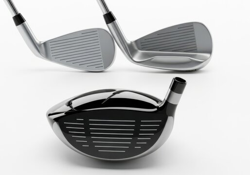 Golf club set driver and irons isolated on off white background