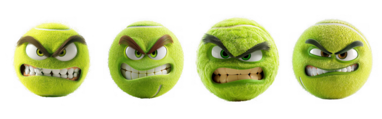 Four angry tennis balls with cartoon faces isolated on transparent background