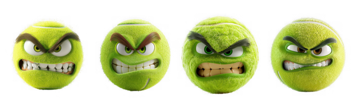 Four angry tennis balls with cartoon faces isolated on transparent background