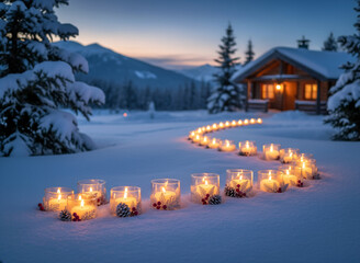Candlelit Path and Cozy Cabin in Snowy Mountains